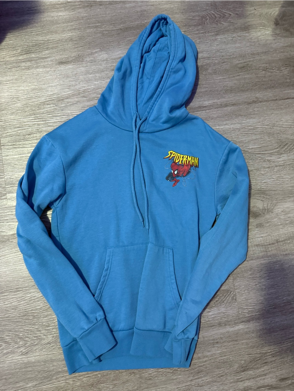 blue embroidered spider-man hoodie